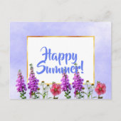Happy Summer roze bloemen op wit goud en blauw Briefkaart (Voorkant)
