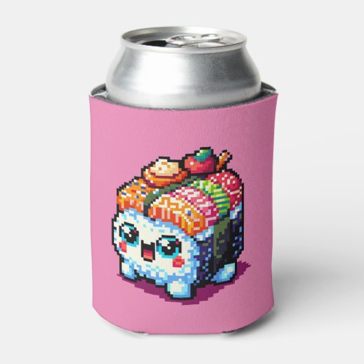 Happy Sushi Roll - Schattigee Pixel Art Japans ete Blikjeskoeler (Blikje Voorkant)