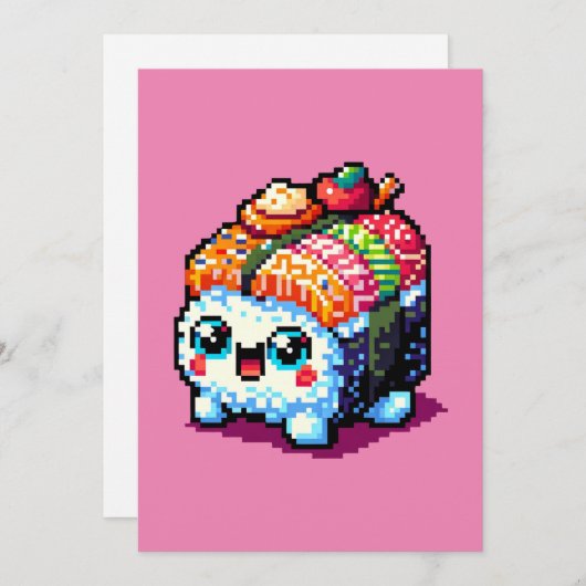 Happy Sushi Roll - Schattigee Pixel Art Japans ete Feestdagenkaart (Voorkant / Achterkant)