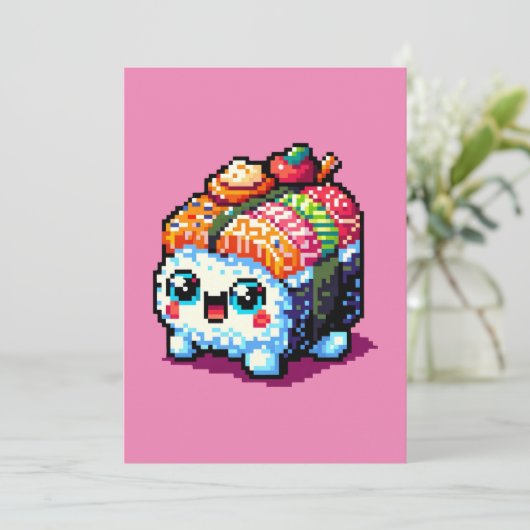 Happy Sushi Roll - Schattigee Pixel Art Japans ete Feestdagenkaart (Staand voorkant)