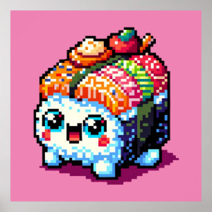 Happy Sushi Roll - Schattigee Pixel Art Japans ete Poster