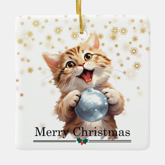 Happy Tabby Kitten with Christmas Tree Bulb Keramisch Ornament (Voorkant)