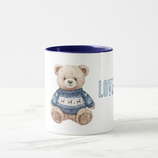 Happy Teddy Bear Blue Sweater Love Mok (Midden)