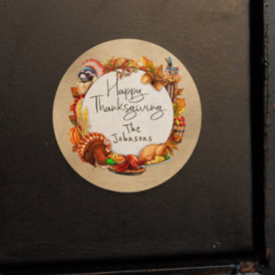 Happy Thanksgiving Autumn Leaf Wreath Monogram Ronde Sticker