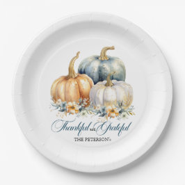 Happy Thanksgiving Blauw Sinaasappel Gouden Pompoe Papieren Bordje
