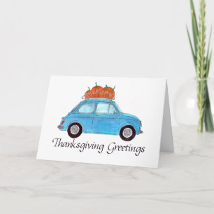 Happy Thanksgiving Blue Retro Fiat 500 Kaart
