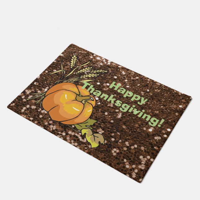 Happy Thanksgiving Brown Faux Glitter Deurmat (Schuin)