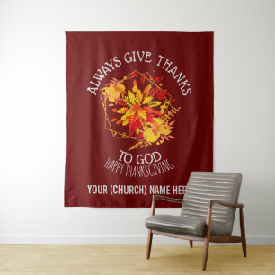 HAPPY THANKSGIVING Burgundy Floral Christelijk Wandkleed