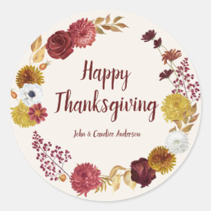 Happy Thanksgiving Burgundy Gold Floral Wreath Ronde Sticker