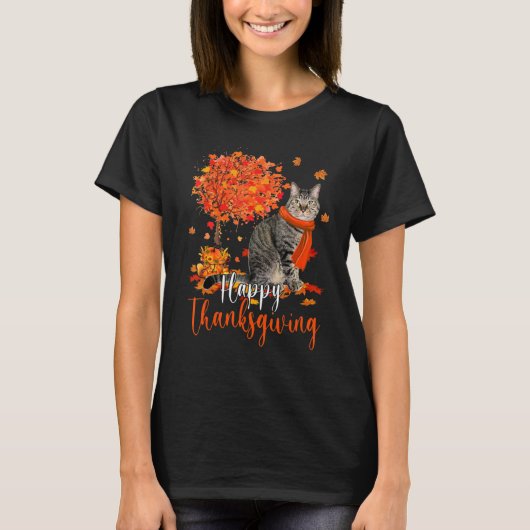 Happy Thanksgiving Cat en herfst T-shirt (Voorkant)