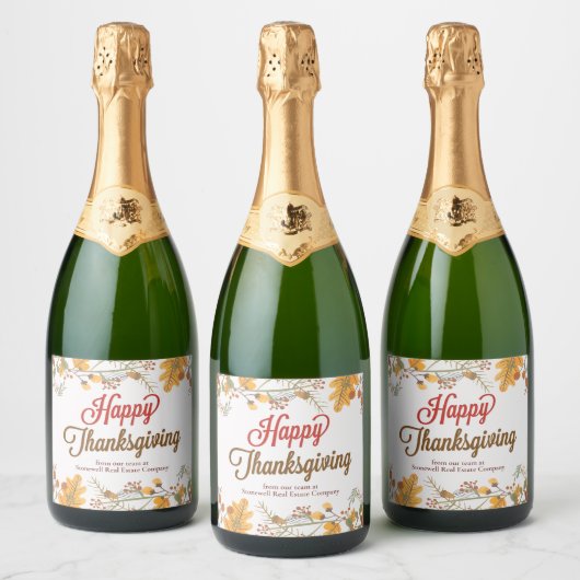 Happy Thanksgiving Chic Fall Leaves Company Party Sparkling Wijnetiket (Flessen)