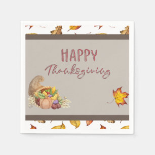 Happy Thanksgiving Cornucopia Basket Fall Leaves Servet