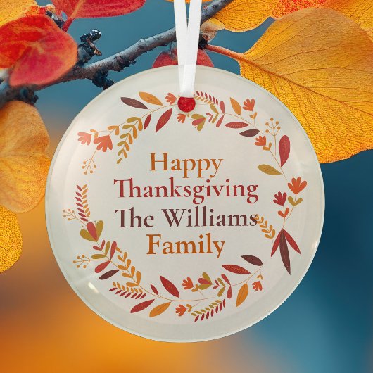 Happy Thanksgiving Custom Autumn Leaf Wreath Glas Ornament