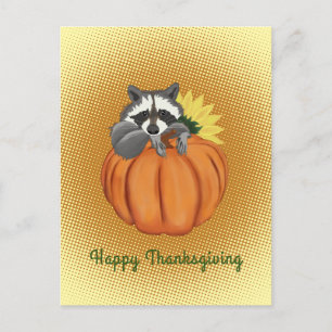 Happy Thanksgiving Cute Raccoon, pompoen, zonneblo Briefkaart