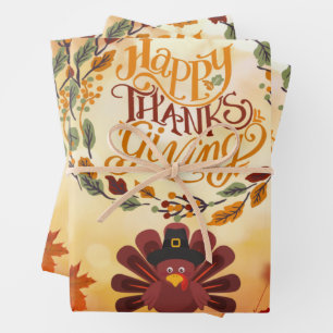 Happy Thanksgiving Cute Turkey and Autumn Leaves Inpakpapier Vel