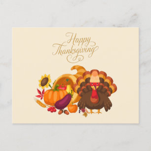 Happy Thanksgiving Cute Turkey, Horn of Plenty Feestdagenkaart