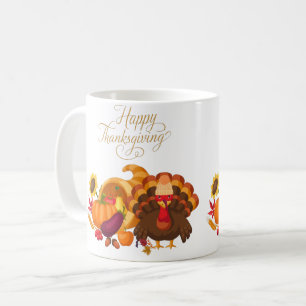 Happy Thanksgiving Cute Turkey, Horn of Plenty Koffiemok