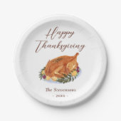 Happy Thanksgiving Diner Turkije Waterverf Rustiek Papieren Bordje (Voorkant)