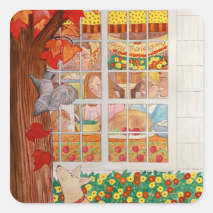 Happy Thanksgiving Familie Maaltijd Scène Vierkante Sticker