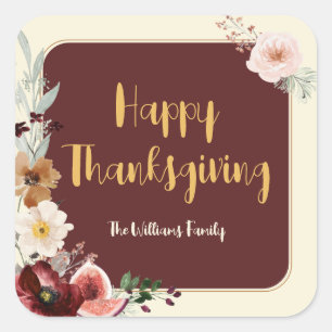 Happy Thanksgiving Herfst Bloemen & Vijgen Vierkante Sticker