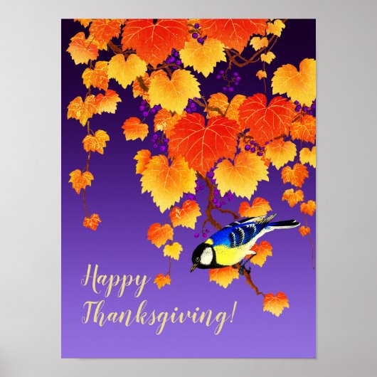 Happy Thanksgiving Herfst Grape Vine Great Tit Bir Poster (Voorkant)