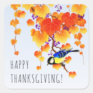 Happy Thanksgiving Herfst Grape Vine Great Tit Bir Vierkante Sticker