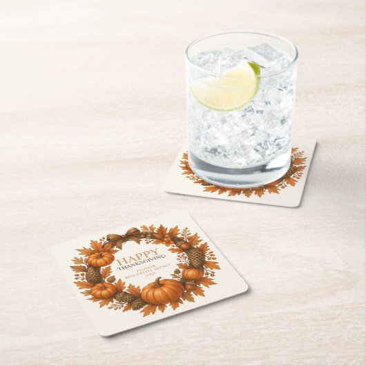 Happy Thanksgiving Herfst Krans Elegant Vierkante Kartonnen Onderzetter (Insitu)