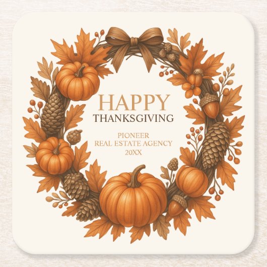 Happy Thanksgiving Herfst Krans Elegant Vierkante Kartonnen Onderzetter (Voorkant)