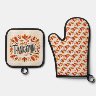 Happy Thanksgiving Oranje Yellow Fall Leaves Ovenwant & Pannenlap Set