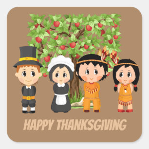Happy Thanksgiving Pilgrims Indiërs Vierkante Sticker