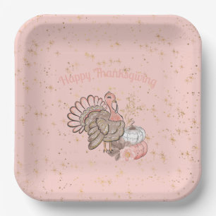 Happy Thanksgiving Pink Turkey and Pumpkins Papieren Bordje