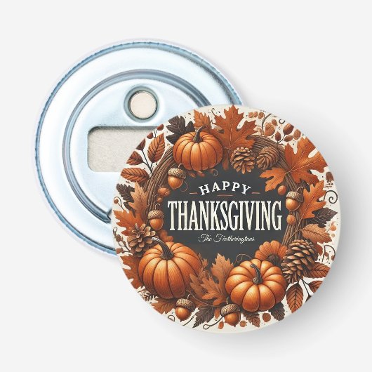 Happy Thanksgiving pompoen herfst bladeren krans Button Flesopener (Voorkant)