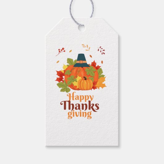Happy Thanksgiving-pompoen met Petten en bladeren Cadeaulabel (Voorkant)