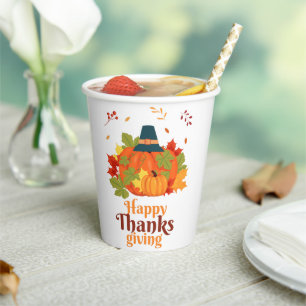 Happy Thanksgiving-pompoen met Petten en bladeren Papieren Bekers