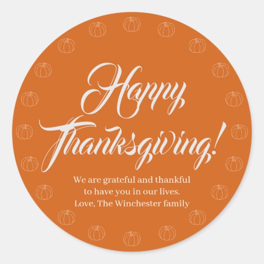 Happy Thanksgiving pumpkin-tekst aangepast script  Ronde Sticker (Voorkant)