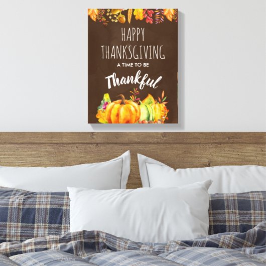 Happy Thanksgiving Pumpkins en Autumn Foliage Canvas Afdruk (Insitu (Slaapkamer))