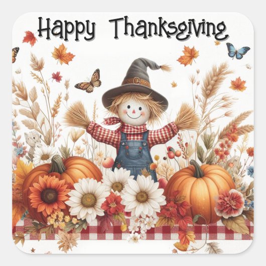 Happy Thanksgiving Scarecrow Vierkante Sticker (Voorkant)