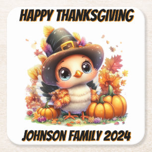Happy Thanksgiving Schattige Baby Turkije Vierkante Kartonnen Onderzetter