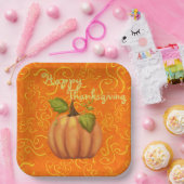 Happy Thanksgiving Sinaasappel en Yellow Swirls Sq Papieren Bordje (Feest)