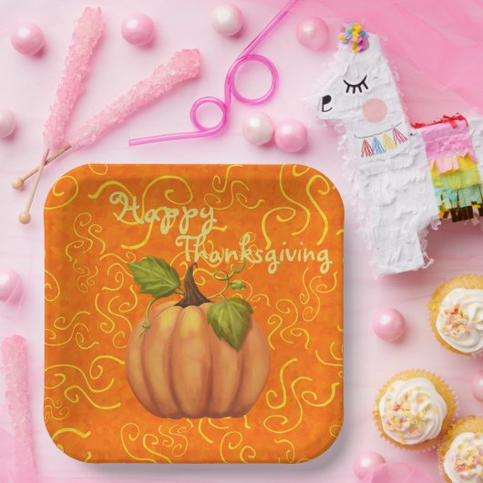 Happy Thanksgiving Sinaasappel en Yellow Swirls Sq Papieren Bordje (Feest)