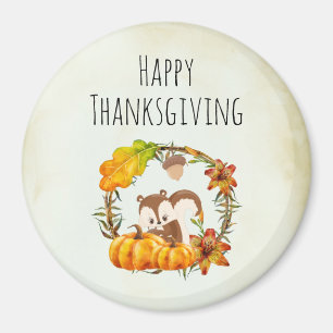 Happy Thanksgiving Squirrel in Floral Wreate Herfs Magneet