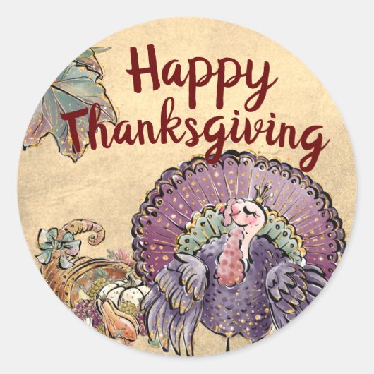 Happy Thanksgiving Turkey and Cornucopia Ronde Sticker (Voorkant)