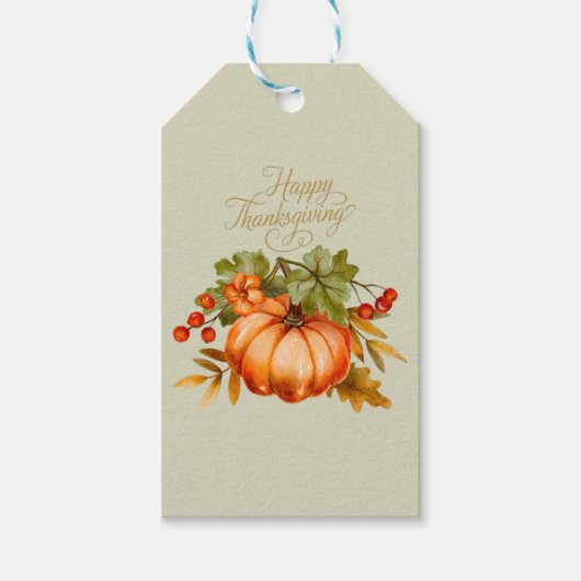 Happy Thanksgiving Waterverf Pumpkin en Berries Cadeaulabel (Voorkant)