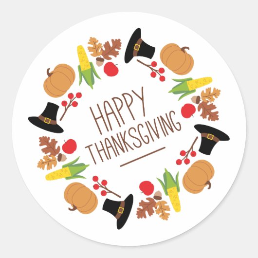 Happy Thanksgiving Wreath Ronde Sticker (Voorkant)