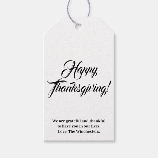 Happy Thanksgiving zwarte witte aangepaste tekst e Cadeaulabel (Voorkant)