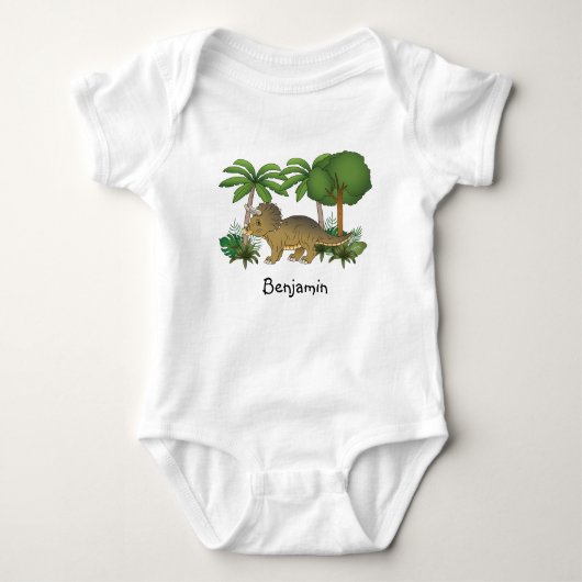 Happy Triceratops dinosaurus met bomen en Planten Romper (Voorkant)