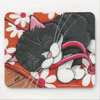 Happy Tuxedo Cat Aslapen op Teenslippers Mousepad Muismat