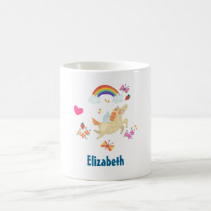 Happy Unicorn met regenboogwolken en bloemen Koffiemok