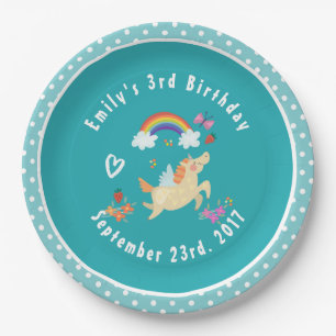 Happy Unicorn met regenboogwolken op zaterdag Papieren Bordje