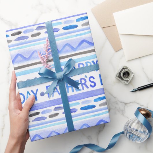 Happy Vaderdag Blue Waterverf Stripes Cadeaupapier (Geschenken)
